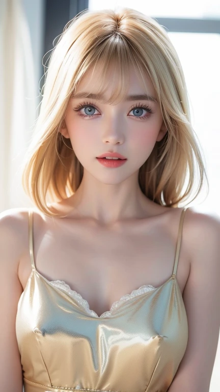 ((raw, analogue, Nikon Z 14mm Ultra Wide Angle, Award-winning Charming Shot, ((Best Quality)), ((masutepiece)), ((Realistic)), Skin pores, Subsurface scattering, radiant light rays, High resolution, detailed facial features, high detailing, Sharp Focus, Soft, Aesthetic, Very detailed, (Very detailed eyes, Very detailed iris)), ultra-detailed hair, Detailed complexion Ultra detailed, Ultra detailed breasts, Octane number, Realistic, Realistic, Post-processing, Maximum Detail, Realistic Shadows, Roughness, Natural leather texture, Real life, Ultra-Realism, Photorealism, Photography, 8K UHD, Photography, nffsw, with an intricate, Elegant, Very detailed, Sharp Focus, amazing, Beautiful, Exquisite), (masutepiece: 1.2, Best Quality 1:1, Highly detailed: 1.2, best shade, 8K: 1.1), (Contrasting background, Bright background), (beautifull detailed face), High contrast, (Perfect Lighting: 1.2, beautifuly color, 正確Color), ((Cinematic Light)), Color, excellent details, Dramatic light, with an intricate詳細, Translucent lace slip nightdress, (Goddess realistic blonde woman, Solo, 20 years old, Face Detail, Perfect face, make up, Blonde hair, smily face, Long hair, Wavy Hair: 1.1, Big breasts)