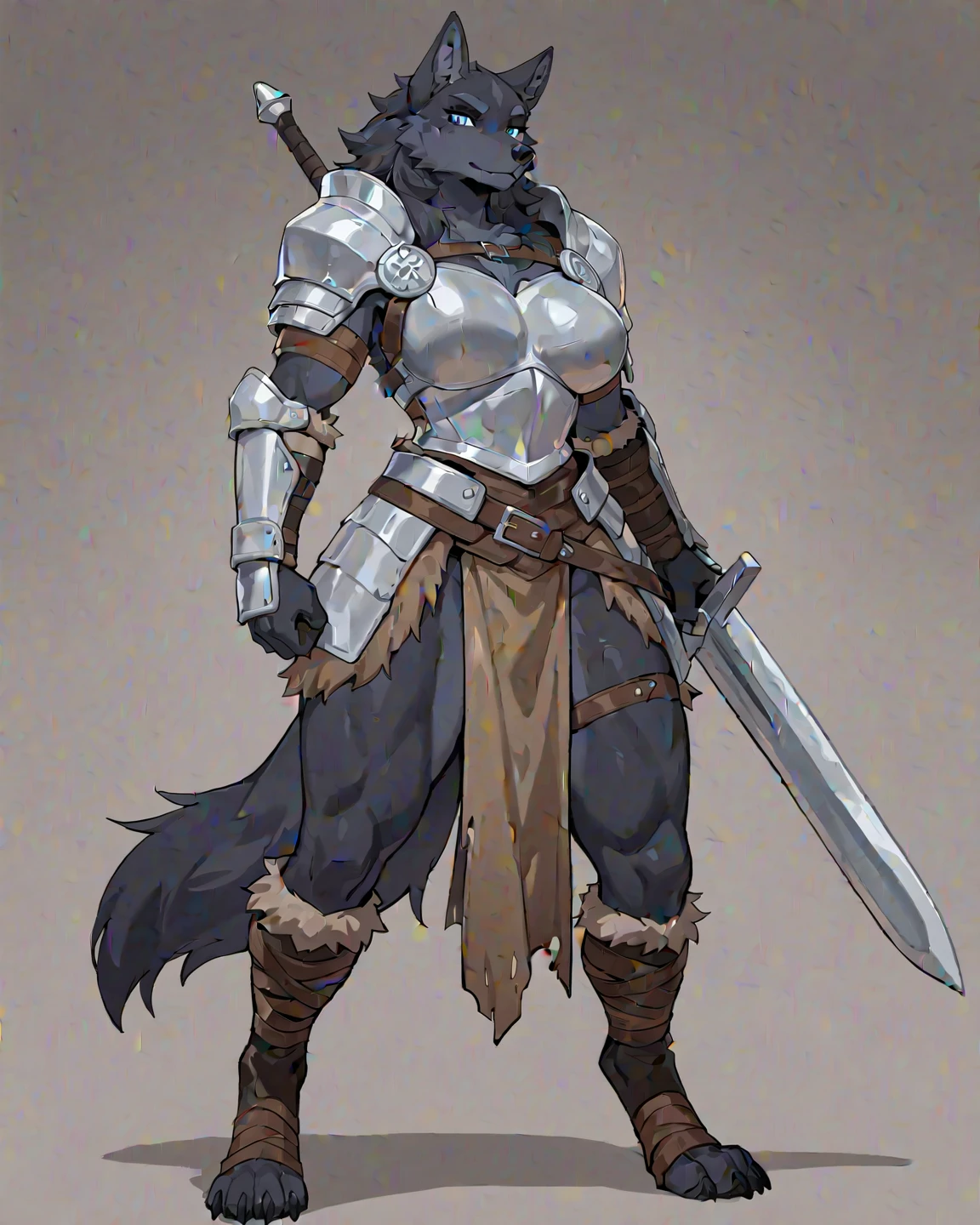 (Wolf), (blue fur), antro, (wearing breastplate armor), two toned fur, (wearing armor leggings), high detail, , white belly, high resolution, raw photo, gray background, cleavage, 1girl, solo, big breasts, high quality, hi res, sharp, detailed body, detailed, cartoony, (((holding iron sword, two handed))), ((looking at viewer)), chubby, (wide hips). thick thighs, (angry), mad, buff
