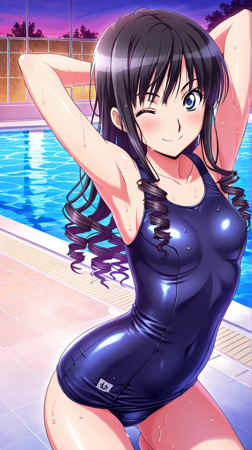 ((masterpiece, highest quality:1.2)),nsfw,((vaginal penis,1man and 1woman,POV,having sex:1.5,Normal position)),cowboy shot,1woman,18 year old beauty、solo,long hair,dark purple hair,(very small head),tears,shy,drooling,slender and long body,skinny,medium breasts,sweat,oily skin,shiny skin,wet,The labia majora is exposed through clothing、lying,on back,spread legs,Navy blue leotard swimsuit,Indoor swimming pool、Tokyo、