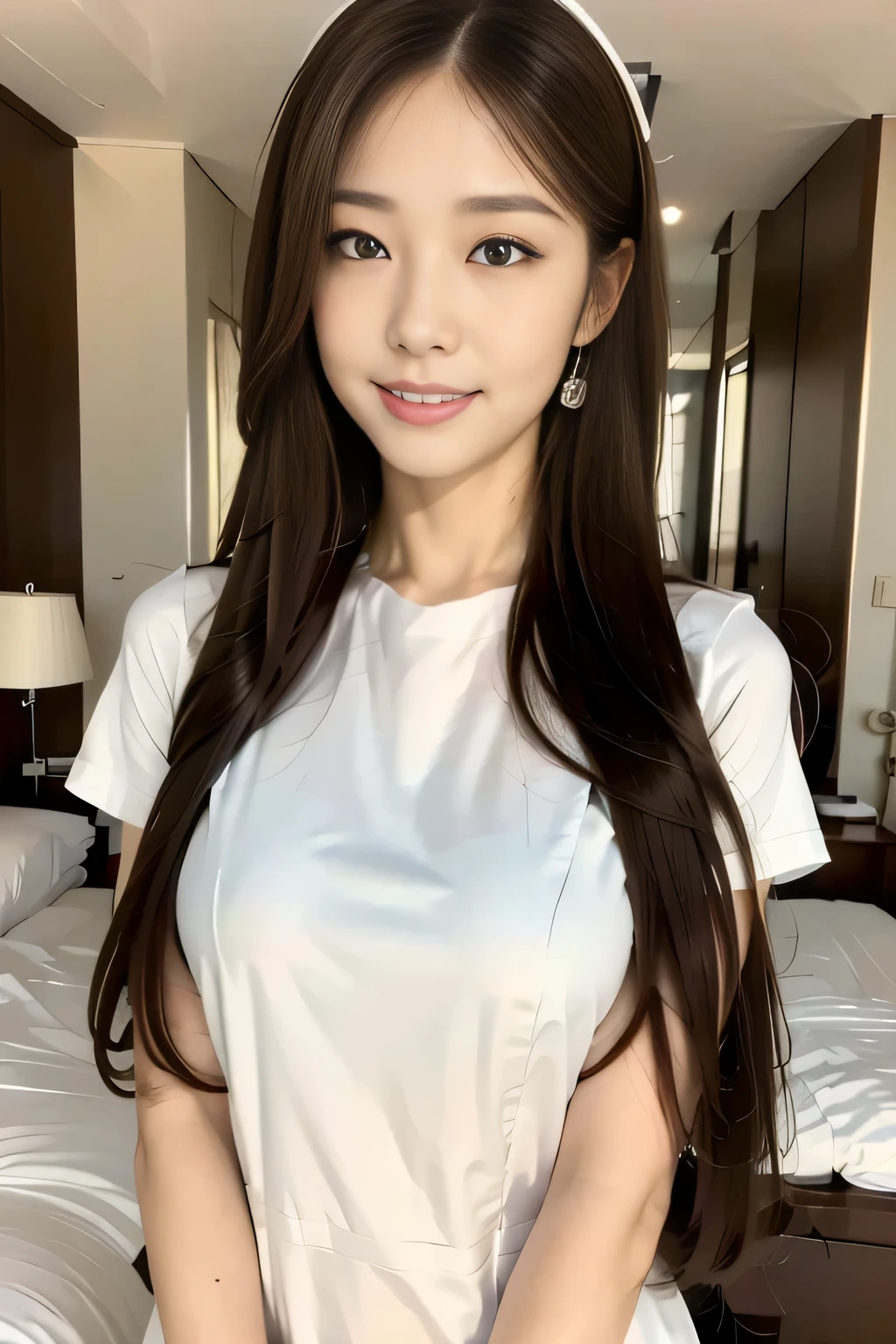 masterpiece, best quality, highres, (photo realistic:1.4),1girl, solo, small breasts, portrait, big black eyes, brown hair, wet white T-t-shirt, (no underwear), cute, young, posing, very long hair, smile, looking at viewers, (12 years old), indoors, japanese,
