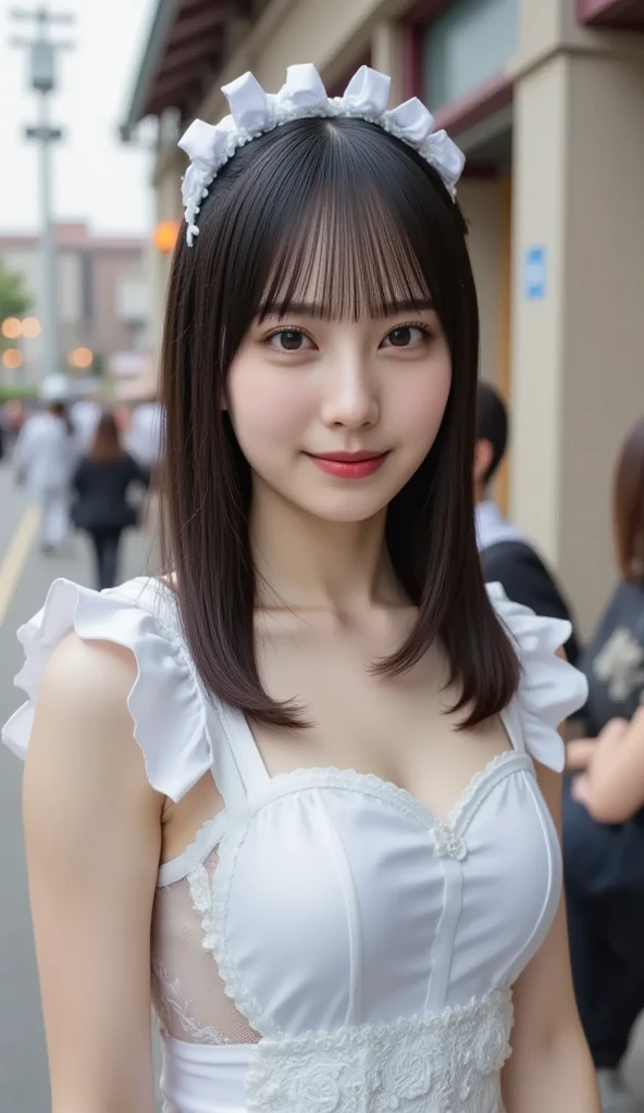 (Best-quality, Masterpiece, Ultra-High-Resolution, (Photorealistic:1.4), Raw Photo, depth of field, professional lighting, perfect anatomy, extremely details), (at midnight, on Japanese-main-street), 1girl, 15-years-old, the most famous Japanese idol, (((wearing gorgeous-dress with sexy-design))), (((innocent smile))), dynamic pose, ((((extremely beautiful and extremely realistic skins)))), (extremely cute face like the most popular Japanese idol), ((((extremely cute and extremely big black-eyes)))), (extremely beautiful black-long-hair), (extremely cute long-eyelashes), (extremely cute lips)