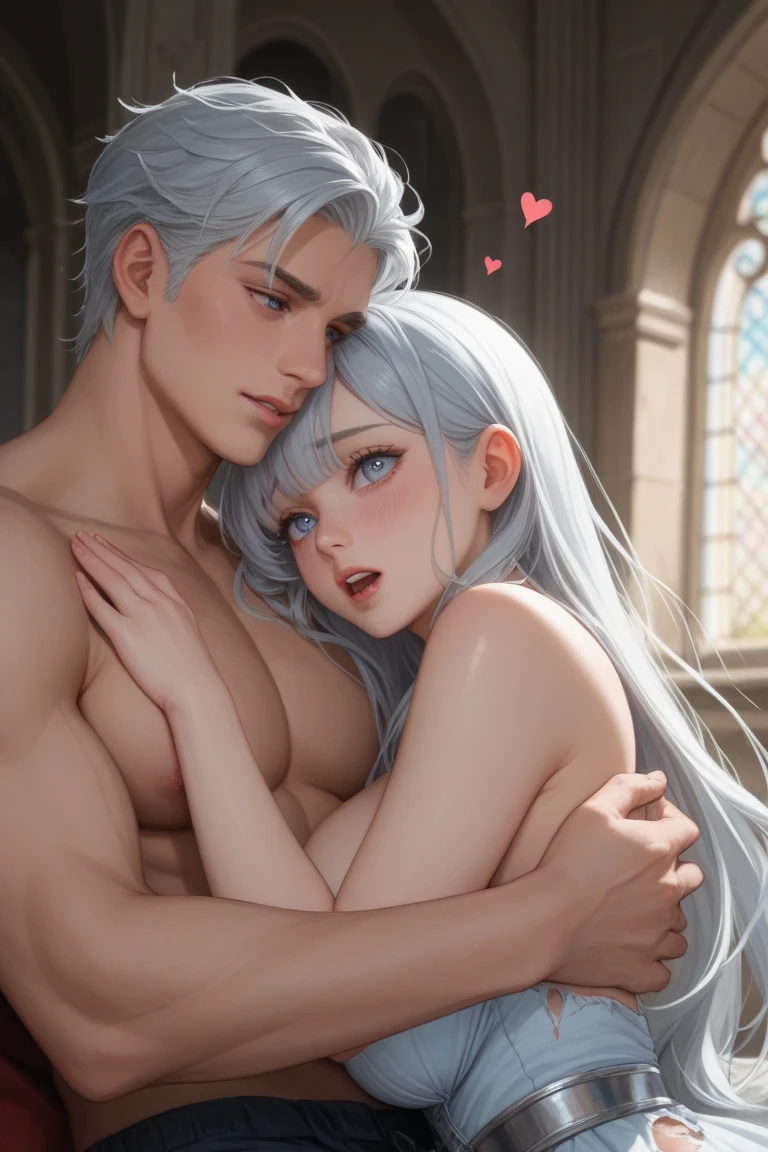 masterpiece, highest quality, High resolution, super detailed, perfect anatomy, detailed face, fine eyes, ((1 girl、1 boy)), a boy hugs a girl, hetero, silver hair, spread legs