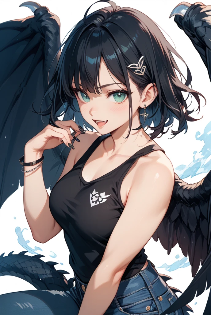 black hair, green eyes, short hair, bob cut, heart hands, smug, smirk, from below, panties, tank top, sparkling eyes