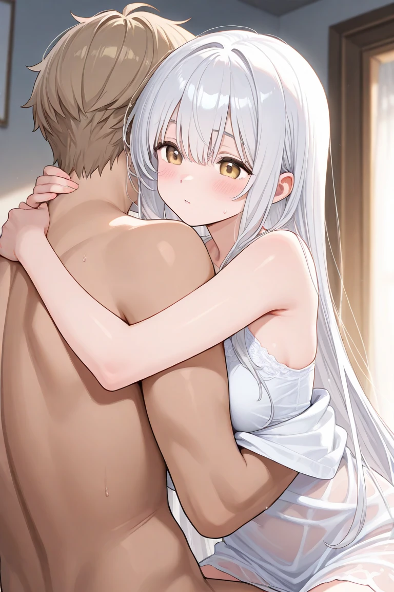 source_anime, rating_explicit, (oneshota), hug, hetero, bury face, faceless, head between breasts, vaginal, sex, legs lock, BREAK, 1 young boy and 1girl, uzaki_tsuki, huge breasts, cowboy shot, nude looking down, half closed eyes, blush, smile, closed mouth, motion lines, trembling, vulgarity, steam, bedroom, night, night sky, window, cityscape, city lights, sweatdrop, BREAK, 1990s (style), anime coloring, anime screencap, megami magazine, very aesthetic, absurdres, amazing quality, cinematic lighting