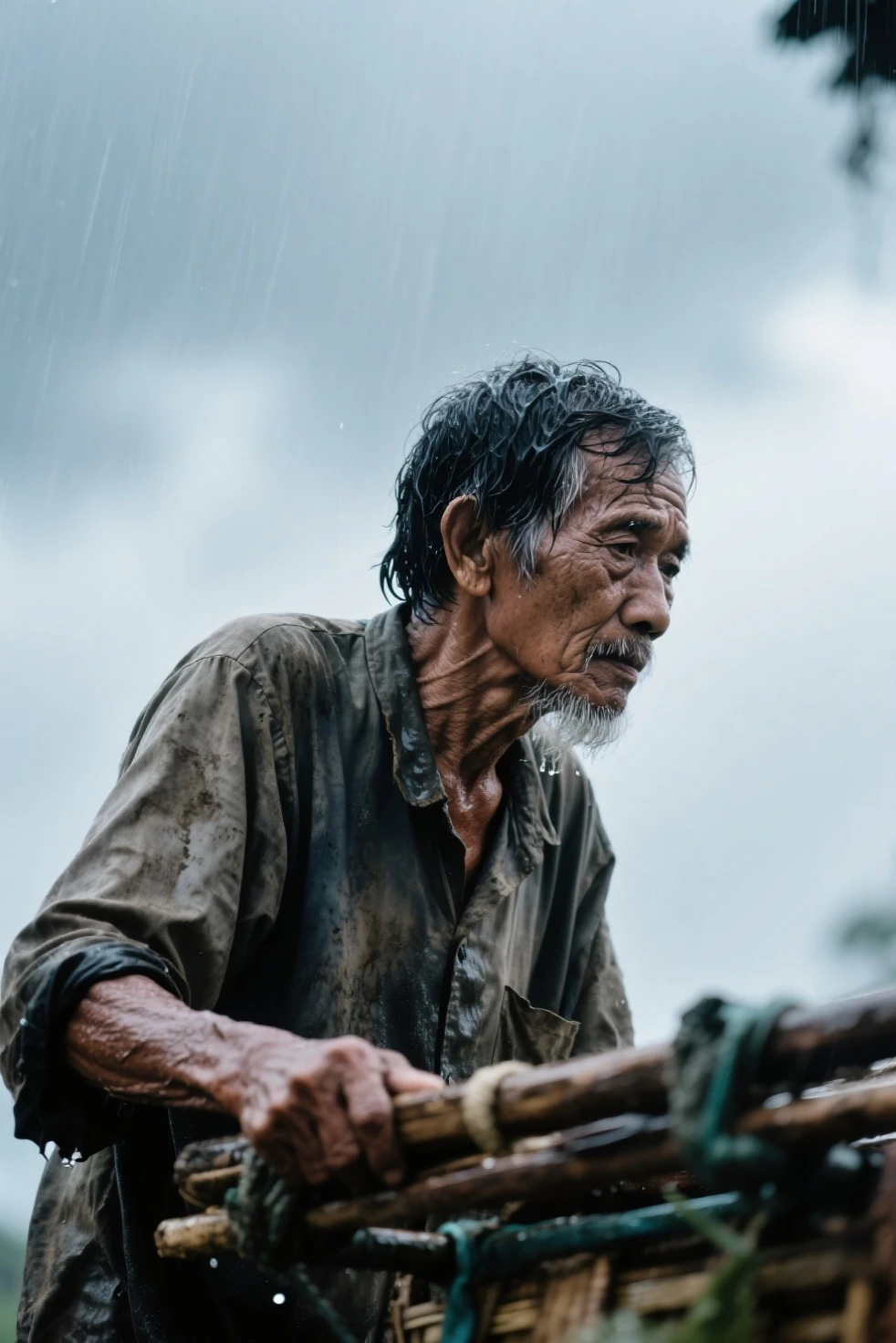 Old Thai man, shirtless, carrying things on his head to escape chest-high floodwaters in an old house
