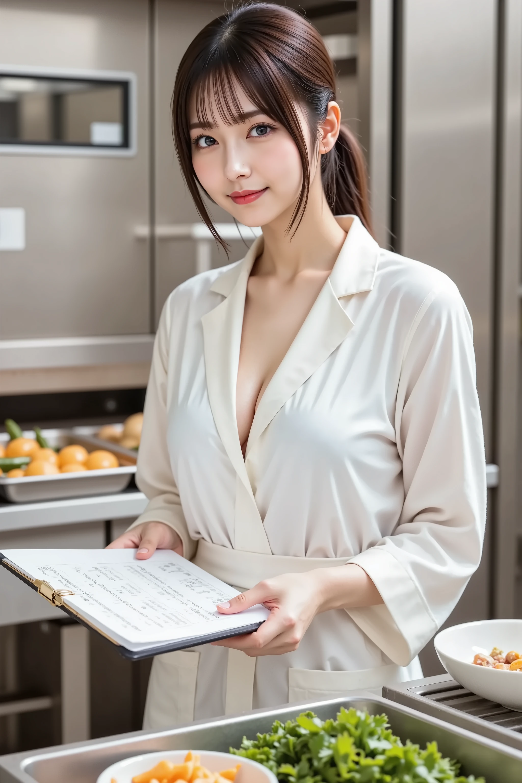 (highest quality, masterpiece:1.3, 超A high resolution), (Super detailed, Caustics), (Realistic:1.4,RAW shooting,)Ultra-Realistic Capture,Very detailed,High resolution 16k, Human skin close-up, The skin texture is natural, It must be detailed enough to be easily identifiable.。 Skin should look healthy and have an even tone。 Use natural light and color, ((Dark Blue Blazer:1.4)), ((The body is slim)), girl, Japanese, 18-year-old, cute, Long Hair, Big Breasts, smile, Turn your body forward, (View from the front:1.1), Looking into the camera, Cowboy Shot,vision, focused on the chest, Light Brown Hair, ((Black choker)), Very long, bushy eyelashes, blue eyes, bangs、Luxury hotel lounge, Marble wall, sofa, ((Herbs on a tray, luxurious counter, Over the counter:1.4))