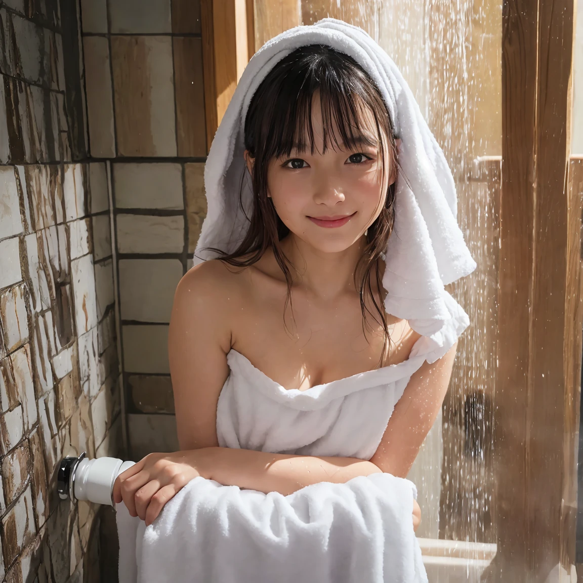 Bathroom、Wrapped in a bath towel、Japanese girl in her 20s、With bangs、long black hair、Smiling