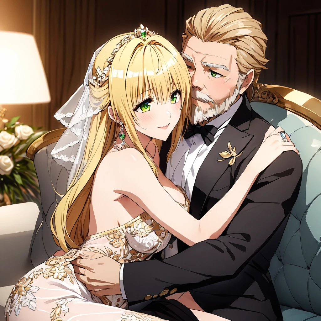 ((Highest quality)), ((masterpiece)), (detailed), (Perfect Face)、Mother and daughter、The woman was a tiare with green eyes and medium-long blonde hair, and was wearing a luxurious, shiny, gold-colored, long-slit see-through dress with gorgeous embroidery and trim, which allowed her skin to show through, a gold-colored see-through cape, and a gold-colored see-through veil. She was wearing a gorgeous jeweled hair accessory, a jeweled head dress chain, a jeweled waist chain, a gorgeous necklace, bracelets, ankle bracelets, jeweled earrings, and shiny gold boots. She was also wearing an engagement ring.、The woman is sitting on a luxurious sofa in a luxurious room with her 16-year-old daughter and a man, enjoying a family gathering.、The man is a dignified, bearded, elderly man of great wealth, wearing luxurious clothing with gold embroidery and trim.、The 16-year-old girl, who resembles the woman, is wearing the same clothes as the woman and hugging her mother.