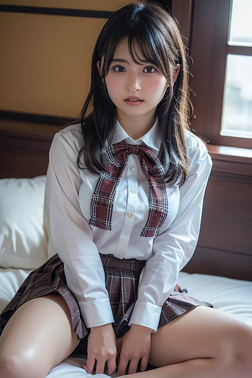 8K, RAW portrait of、 (Women in Japan),​masterpiece、Photorealsitic:1.photos realistic, 超A high resolution, Best Quality, Real life photography ,( At night ),
1womanl,(( deep in the night、Girl lifts up her skirt and shows off her  in the bedroom)),((Realistic Japan schoolgirl))、((School uniform、Plaid pleated skirt、a bow tie))、inside in room、slender physique、delicate eyes and thin thighs, Black hair,(depth of fields:1.3),、((Disheveled clothes))、 ((dark-brown eyes:1.5))、(Authentic skin texture)、(Immersive atmosphere:0.8、Chiaroscuro:1.2) 、(looking at viewert)、Looking at the camera、Look at viewers、((embarrassed from:1.3))、A smile:0.3、((Reddened cheeks:1.3))、((Ceiling from below:1.4))、(Body facing the camera)、((up skirt))、((Woman Pulling Up Her Skirt))、((Angle of view from below:1.7))、((Close-up of female :1.78)、Emphasis on female genitalia、(((Bend your knees and spread your legs to the sides:1.4)))