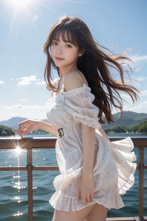 a woman posing on the distance corner with white dress on, best quality, high resolution, 8 thousand, 1 woman, (huge breasts), afternoon, bright, outdoor, (distance:0.8), (people, crowd:1), (Lace-trimmed dresses:1.5, white clothes:1.5, White high-neck dress:1.5, sleeveless dresses, white dress: 1.5), very cool, (Wave hair,black hair:1.5), beautiful detailed sky, beautiful earrings, (dynamic pose:0.8), (upper body:1.2), soft lighting, wind, glowing skin, looking at viewer, laugh, (closed mouth:1.5), 