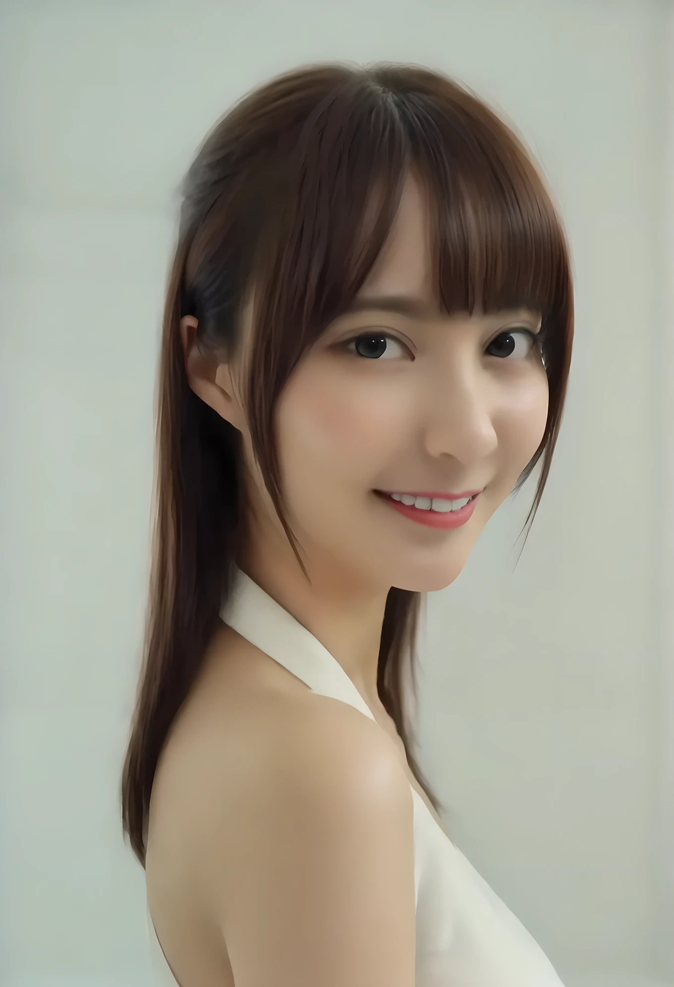 ultra-realistic, photorealistic, best quality, 8K, top-quality, masterpiece, ultra-detail, super high resolution, Improvement of quality, Enhances the beauty of skin texture, Clean and glowing skin, Smoother lighting, Improving the quality of cinema lighting, Backlight, A gentle light for face, 32K, 1girl, solo, Japanese girl, gModel_IS, small head, perfect female body, Skinny, Slim Waist, (delicate looks, soft, belle, tender, fragile:1.2), Large Breasts, detailed skin, smooth skin, (fair skin, white skin:0.5), Natural Lips, Beautiful Face, (thin Girly White Collared blouse), High resolution, Natural look, Improves hair quality, Delicate light and shadow, Beautiful Eyes, Sharp details, Soft light reflection, Delicate skin tone, Fine hair texture, (shoulder length hair), pink cheek, (Light Smile:1.1), Beautiful and perfect face, perfect anatomy, Kind eyes, (beautiful black eyes:1.4), (beautiful detailed eyes, detailed eyes:1.2), light gray background, gModel_IS(PONY), from front, beautiful face,