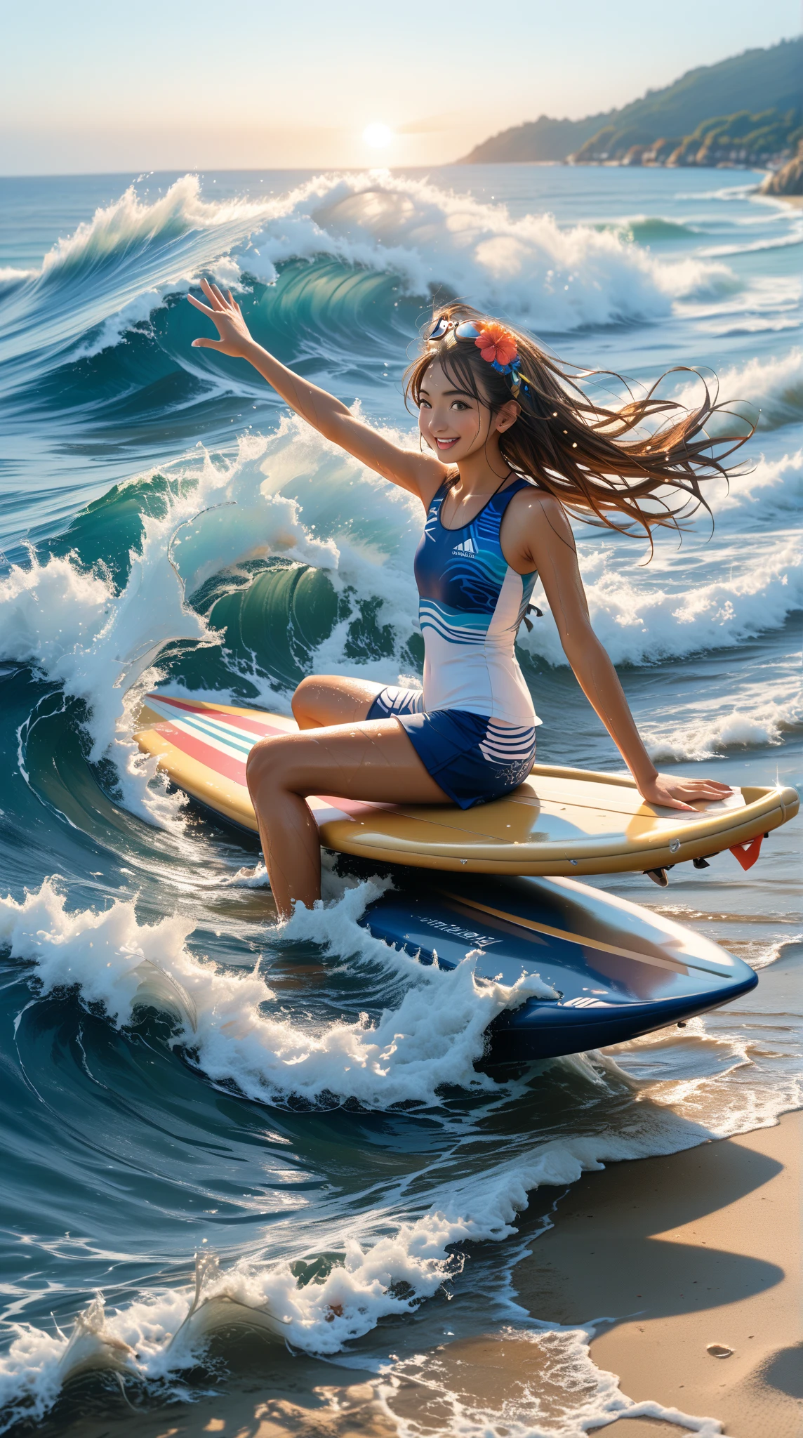 (8K、RAW Photos、top-quality、​masterpiece:1.2)、(realisitic、Photorealsitic:1.37)、ultra-detailliert、超A high resolution、Attractive 17 year old Japan woman surfing、Teen、A dark-haired、poneyTail、small tits、Wearing a school swimsuit、splash water、mare、Big waves