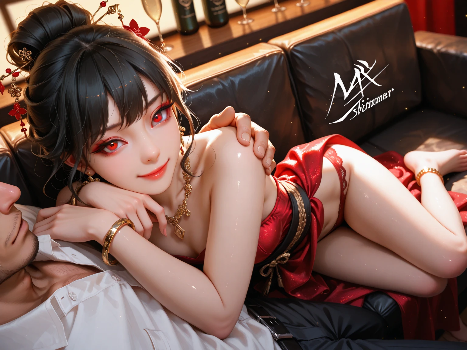 Silky skin,laying on bed,naked,christmas