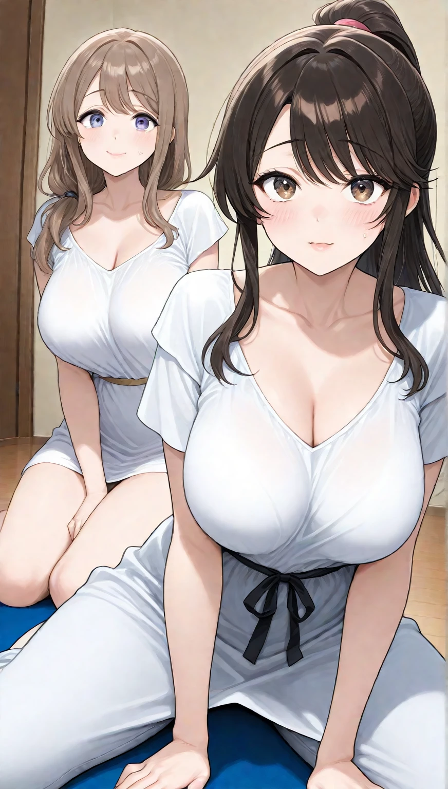 Best Quality, masutepiece, Brown hair, Yellow eyes, Yuriko Aoki, Embarrassed look, (oversize breast:1.5), cleavage of the breast, (white tank-top:1.5, no-bra:1.3, Thin fabric), Slimed, (Arms Down:1.3, Breast squeeze:1.5), Upper body, chest close-up, Bedrooms, (Perfect Anatomy, perfect detailed body, Beautiful detailed eyes, Beautiful detailed skin),