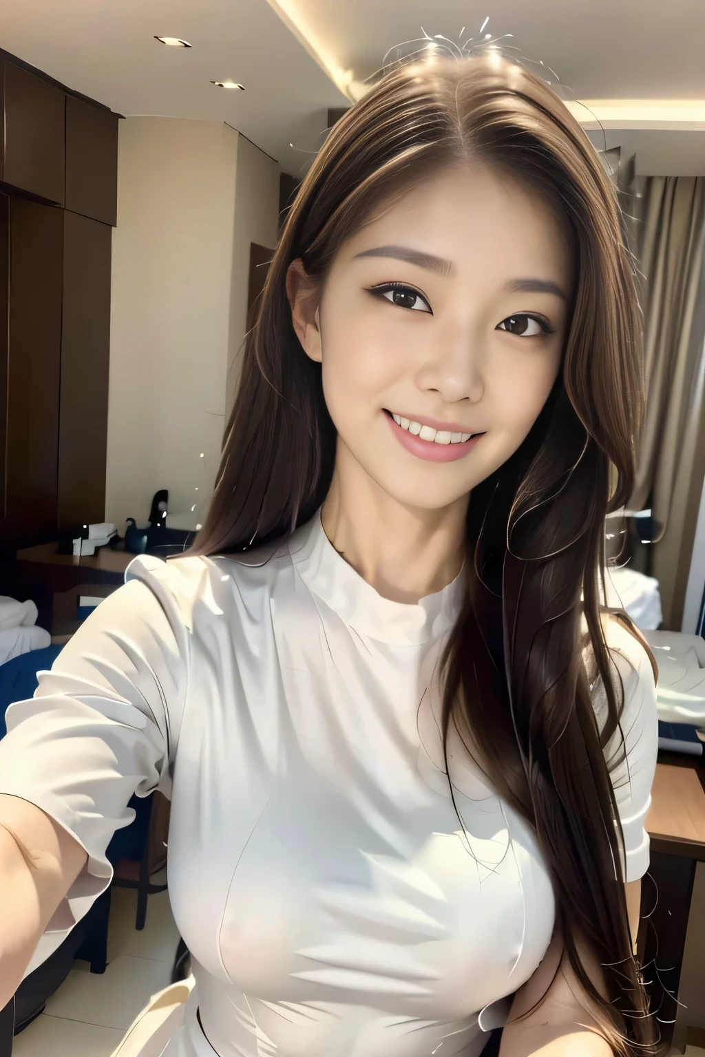 Tabletop, Highest quality, shape, Very detailed, finely, High resolution, 8K wallpaper, 完璧なダイナミックな構shape, Beautiful and detailed, Grey T-shirt,ランダムなcute髪,Small breasts,Natural color lip, smile、20-year-old girl、cute、sexy shot looking at camera,Always Blur the background,Perfect and beautiful face,Take a picture of only the face,美しくDetailed face、Slim face and figure,Big eyes、Putting on gal makeup,Actual Photos、(Get closer to the face, Make your face bigger, Face Focus:1.0), break, (masterpiece, Highest quality, Very detailed, Detailed face, 8K)、Actual Photos、Blur the background、smile、Bokeh、room