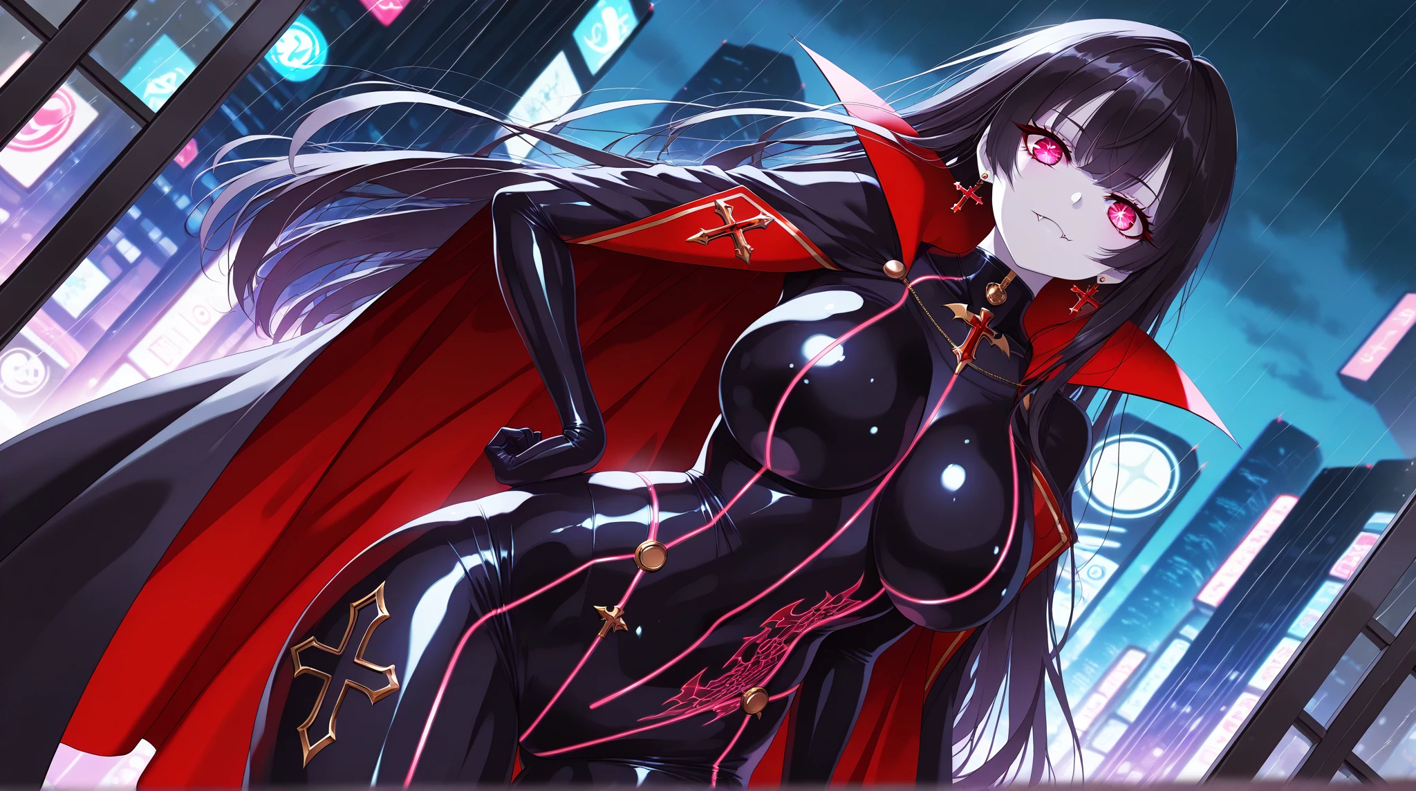 Big breasts, fair and clear skin, beauty, long legs, black hair detail,, red eyeball color, one girl, long hair, fangs, uniform, ((((side boobs)))), knee socks, ((revealing clothing))