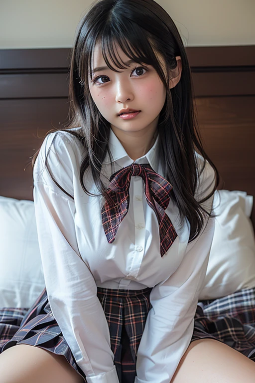 1girl, solo, long hair, looking at viewer, blush, smile, bangs, skirt, brown hair, shirt, long sleeves, bow, brown eyes, closed mouth, school uniform, white shirt, pleated skirt, lying, serafuku, indoors, bowtie, black skirt, sailor collar, red bow, blue skirt, pillow, bed, bed sheet, on bed, on side, red bowtie