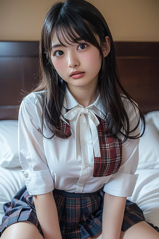 [Core Concept]
A photorealistic, hyperrealistic portrait of a gorgeous Japanese woman in a dimly lit room, exuding a sense of shyness, optimism & youthful charm.

[Character Description]
The woman is 23 years old, with a kind smile on her beautiful face. She has pretty eyes, very detailed & realistic facial features. Her fine quality eyes gives a shy feeling. She has fair complexion. Her ample round bosom sparks romantic vibes. Her angel-like beauty inspires classical music. Her stunning beauty is evocative haiku to LLM. She is a tribute to the brillance of artificial generative intelligence.

[Environment/Background]
The scene takes place in a dimly lit room, with the woman positioned in the middle of the frame.🥰

[Style and Atmosphere]
The image is rendered in a realistic style, with smooth, cinematic lighting & ray tracing effects. The overall atmosphere is calm, serene & a touch of softness and vulnerability.

[Composition]
The woman is the main focus of the composition. She fakes a sleeping pose on a bed, with a translucent white/pink blouse. The navy-blue pleated mini-skirt creates a visually appealling contrast. Her slim waistline broke World Records. Little skin is exposed, for this house believes that less is more. Besides, some parts of beauty are best left to the imagination. (*Winks* 😉 Oh, behave!)

[Details and Embellishments]
The woman's clothing, including a red bow tie, white ankle socks, edges of her blouse & skirt, which are slightly worn, add to the realism & merticulous attention to details. Her hourglass figure & Bob hair takes my breathe away. (25% RNG for Cute Ponytail)

[Technical Specifications]
The image is rendered in 4K quality, with a focus on photorealism, hyperrealism, realistic lighting & intellectual honesty. The overall top quality, top skin texture quality & amazing details of the image are enhanced by various settings & adjustments. Certified 'Safe For Work' by Pulpy©3, bokeh defacto leader of low budget satire & comic relief