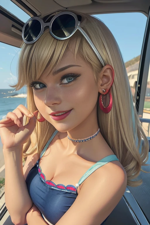Blonde woman in pink dress holding a drink on the beach, joven y hermosa Billie eilish, Billie eilish , blonde hair and big eyes, Billie, más conocida como Billie eilish, long blonde hair and big eyes, light and pale skin!!, Instagram Template, long blonde hair and big eyes, Billie eilish, blonde hair and blue eyes sanpaku