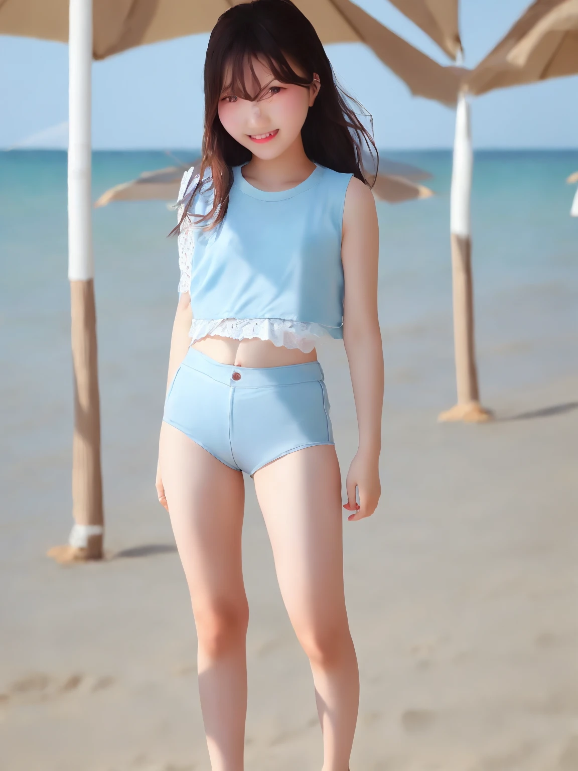 8k,masterpiece,Japanese,(:2),(child:1.7),from the front,Innocent face,Calm Eyes,White tank top,Sleeveless,Sky blue short skirt,Short leggings as innerwear,semi-long,Hair Clip,noon,bright,The background is by the sea,Put your feet in the sea,one summer day
