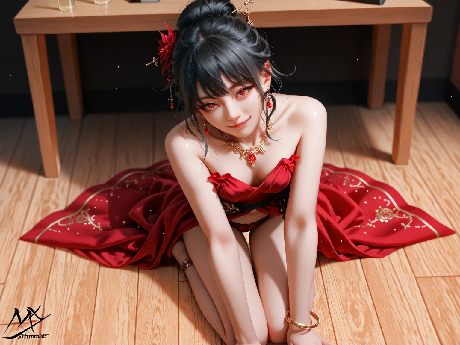 masterpiece, best quality,Chinese fairy, 1girl\(loli\) and iris red dragon, Chinese dragon pan glaring at girl, bun, dark gray background,