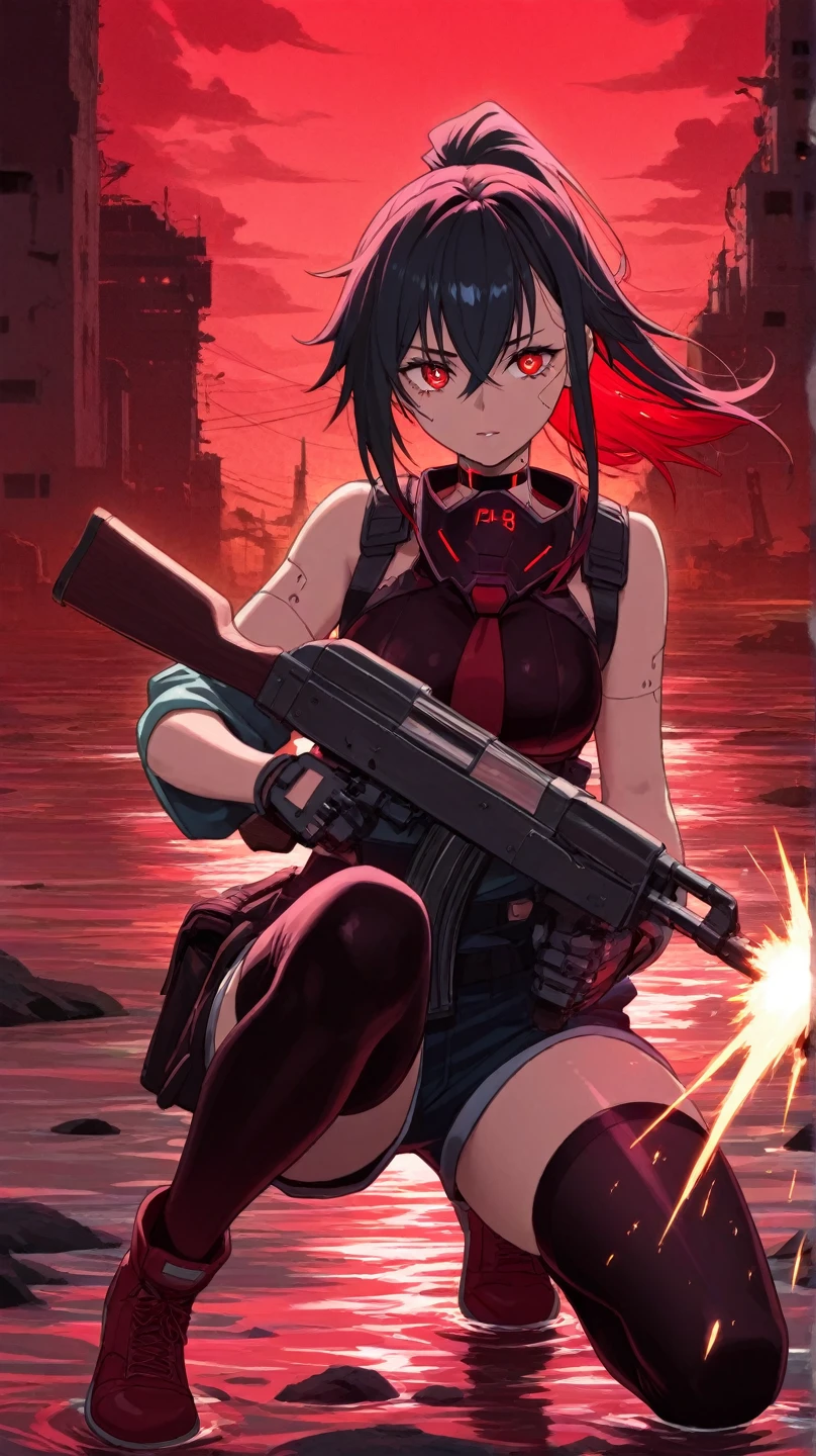 ((Best quality)), ((masterpiece)), (highly detailed:1.3) beautiful hyper waifu in cyberpunk bodysuit firing gatling gun,gun,anime,<lora:gatling_gun_lora01:1>
