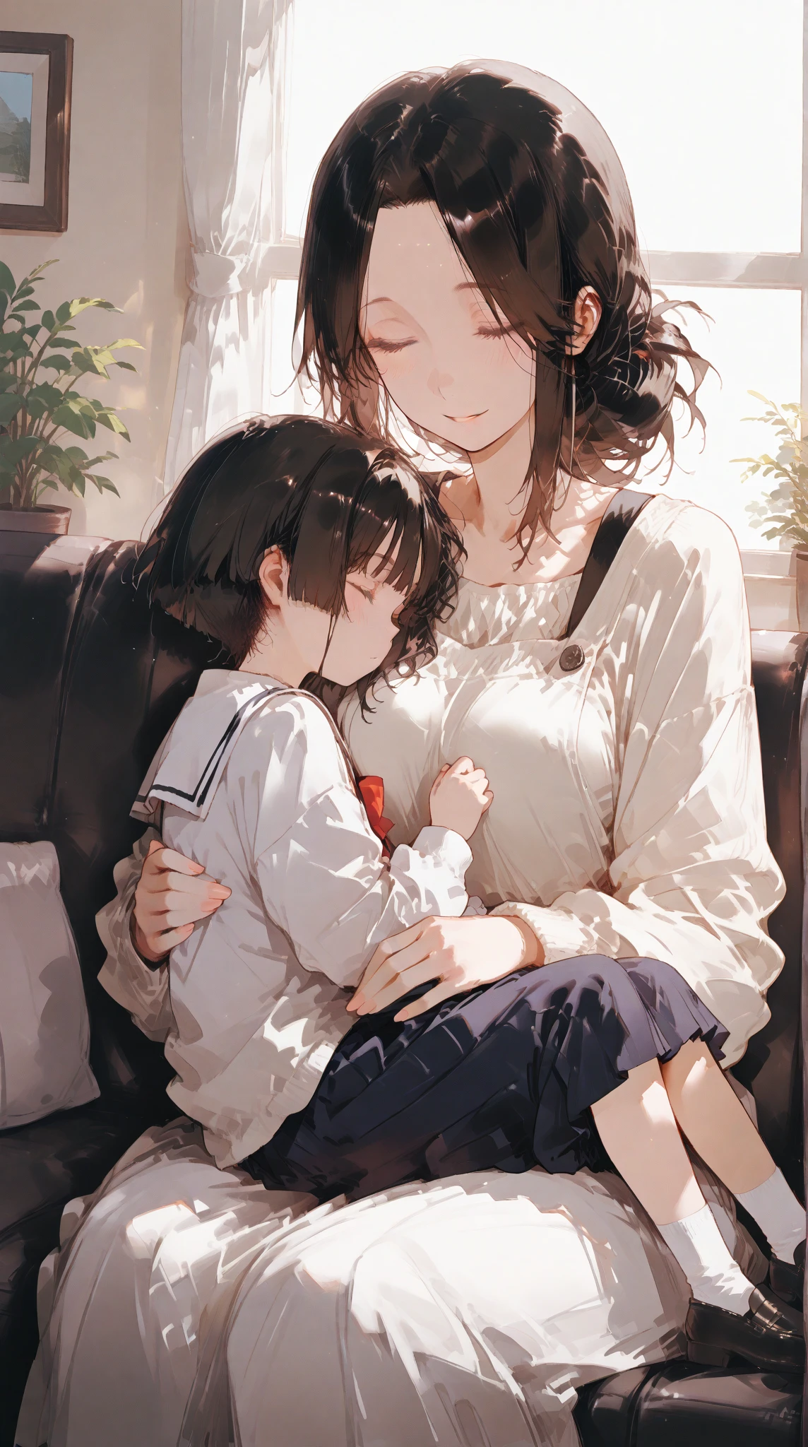 a woman sitting on the floor with a baby,1girl,baby,detailed eyes,detailed face,detailed hands,detailed clothing,anime,illustration,makoto shinkai art style, sakimichan art style,4k,8k,highres,masterpiece,ultra-detailed,realistic,photorealistic,photo-realistic,HDR,UHD,studio lighting,ultra-fine painting,sharp focus,physically-based rendering,extreme detail description,professional,vivid colors,bokeh