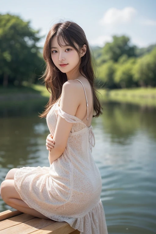  Delicate and gentle girls wearing dresses in pastel tones，Lying on the grass by the lake。She gently propped her chin，Smile and look into the distance，Elegant posture blends in with the environment，It reveals her tender side。