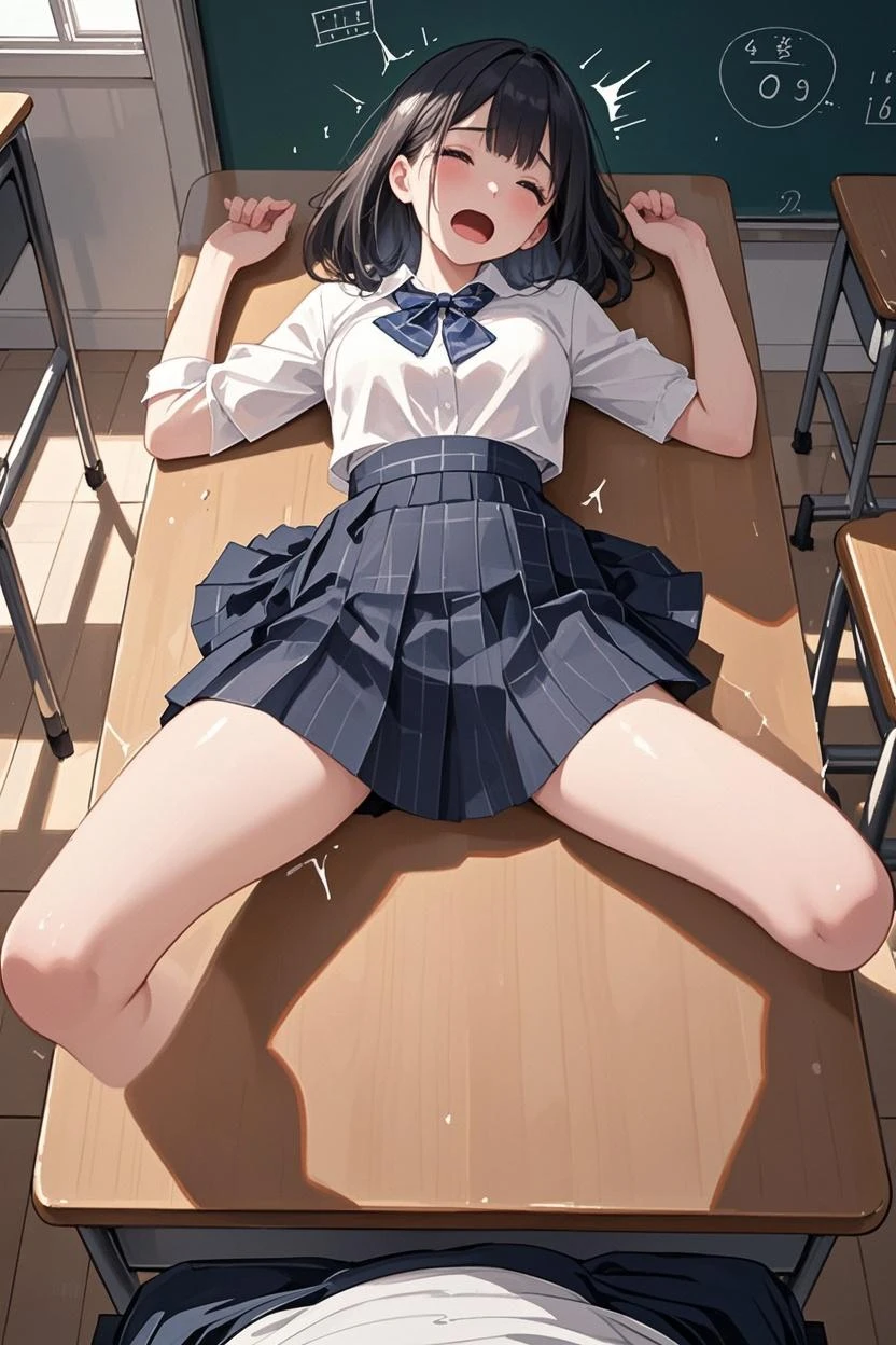 (1 person、alone), Beautiful woman, ((Anatomically perfect body)), Slender、(High school girls、Sailor suit:1.2)、 (Look down:1.2)、 years old、(Highest quality)、Black Hair, (half updo:1.2), classroom、(8K, High resolution)、(shy:1.4)、small breast, Thin legs、Small Ass、(steam:1.1), (embarrassed:1.3), Black socks、Brown Loafers、High definition face、wide shot、(Pussy juice:1.1), (extra detailed panty), sit、knees to chest