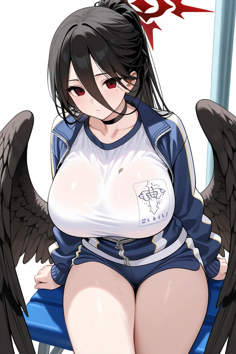 (pussy),{pussy spread},((knees to chest)),((leg hold, folded))、After being attacked、((track jacket))、Smile full of happiness,Sweating、Expression in a state of excitement、((poneyTail)),  (black hair),Red Eyes,Red Eyeshadow,Red Eyeliner: 1.2, (Black wings), looking at the camera, Smile full of happiness,(gigantic breasts:1.2),((Long Breasts:1.3)), halo 