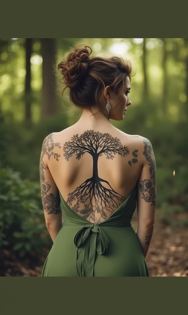 arafed woman with a tattoo on her back and a pine tree, tattooed back, back tattoo, with a tree in the background, ink on skin, inked, tattooed body, oriental tattoos, tattooed skin, photo from behind, tattoos all over the skin, tattoo style, back light, tree in the background, bare back, back lit
