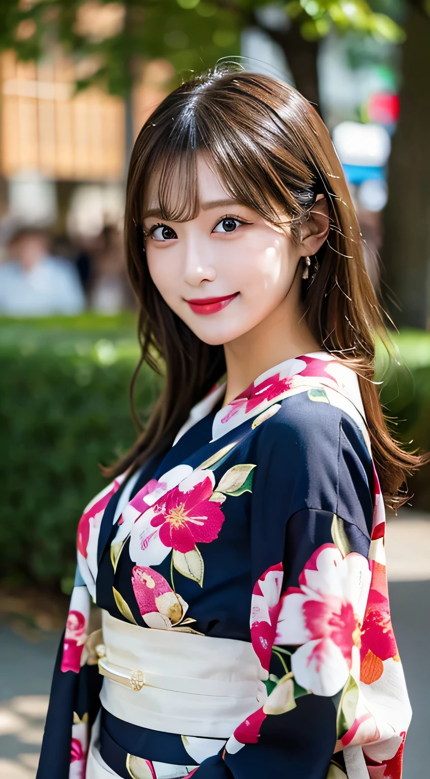 Tabletop, highest quality, shape, Very detailed, In detail, High resolution, 8k wallpaper, Perfect dynamic composition, Front Face,Beautiful details, kimono,Medium Hair, Center of chest, Natural color lip, Random sexy poses,smile,Asa Shrine,Flower Hair Ornaments,whole body,