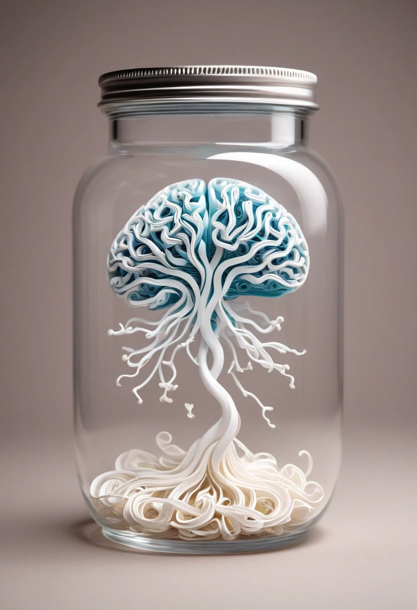 role-playing game (RPG) style fantasy a human brain growing in a glass jar in a workshop, jar full of a dull transluscent liquid, realistic natural brain, lid on jar, volumetric lighting and mist effects to enhance the mystical atmosphere, lightning in jar, stunningly beautiful, crisp, detailed, ultramodern, high contrast, cinematic, . detailed, vibrant, immersive, reminiscent of high fantasy RPG games