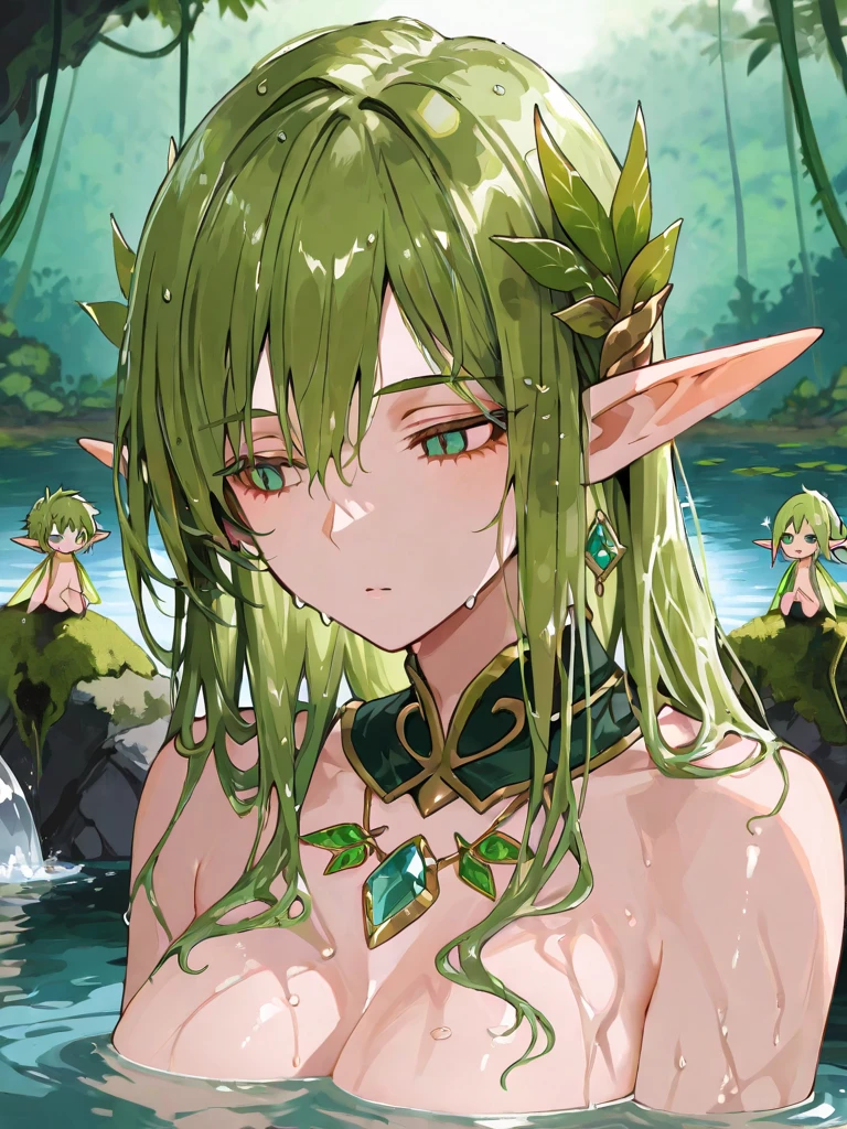 Elf beauty、(Half an eye:1.2)、profile、whole body、Nipples、Smile,in the forest