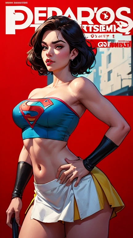 A SEXY BUSTY TEEN FEMALE WEARING A 1970 BLUE OPEN V BUTTONLESS BLOUSE WITH A SMALL "S"EMBLEM ON THE RIGHT SIDE OF HER CHEST, A PAIR OF RED SHORTS WITH A YELLOW BELT, TALL RED HEELED BOOTS, A BLUE CHOKER, AND A LONG FLOWING RED CAPE.