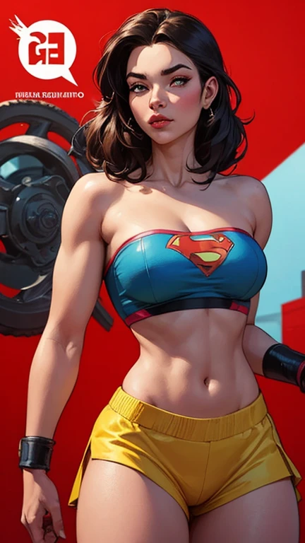 Superwoman, female bodybuilder, huge breasts, large butt, strong biceps, strong abs, hyper muscular, heroine suit, Amouranth holding the viewer, Amouranth, zoom out, flying miles above the ground, sky and clouds background