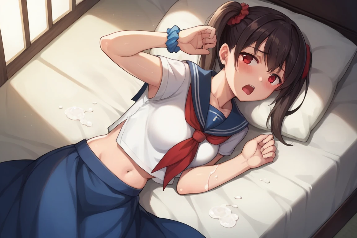 nsfw,alone, (One girl), Junior high school girl, ((全naked)), (naked), sexy, (Cowboy Shot), ((Put your arms behind your head)), (wearing only the top half of sailor school uniform), Sailor with un-folded hems , classroom, With a girl:hair is black and short, Her face is round and cute, Black Hair, Low twin tails,(Shy, Embarrassing),(lying on bed)、Spread your legs、Beautiful nipples,Small breasts、(bukkake,Bukkake),((cum on bodybukkake,cum in Pussy,creampie)),1boy、(penis)、sex,
