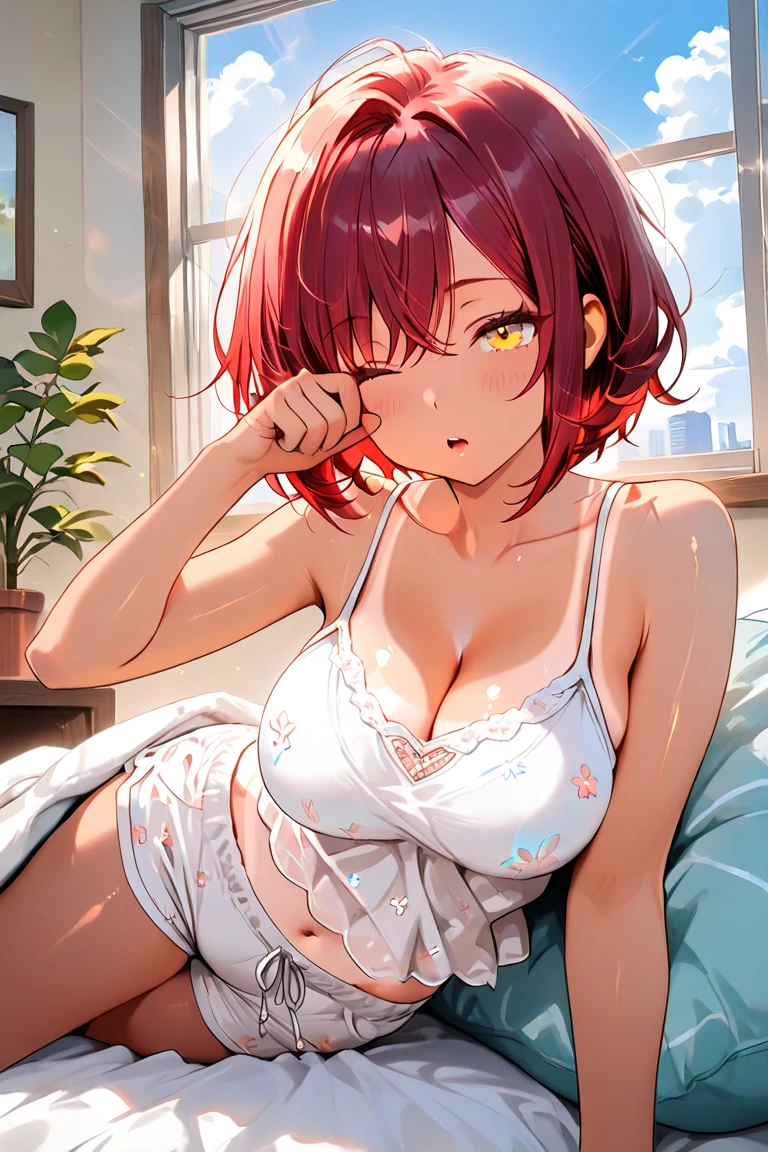 female character, with short red hair, white-eyed, dressed in a bikini in the bedroom, with big breasts