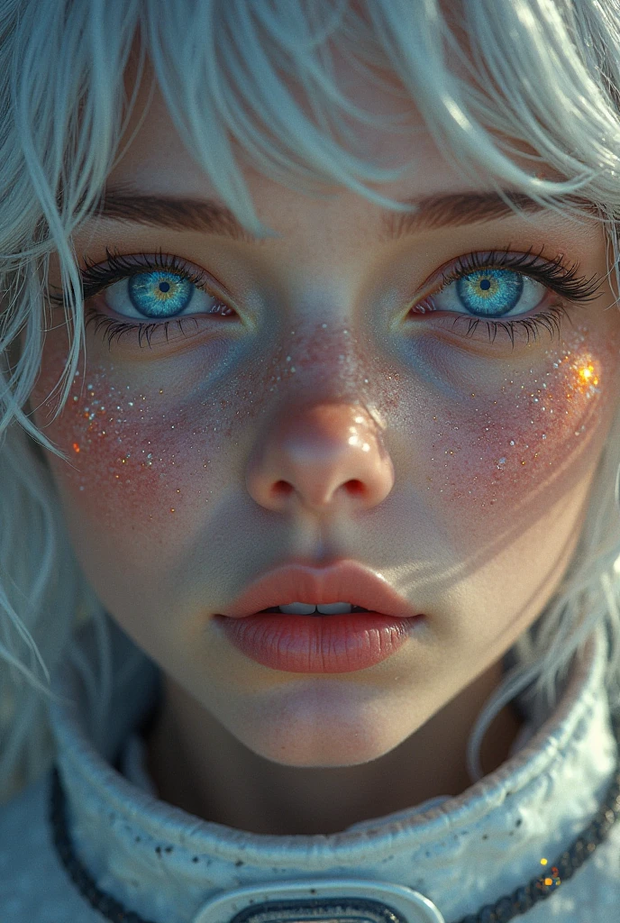 (Close-up of a masterpiece:1.5)0.9]，(Space and astronauts:1.2) (Messy silver hair:1.1) (Heterochromia yellow blue eyes:1.2) (Casque spatial:1.0) (Colorful stars in the eyes:1.0) (Dazzling light:1.1) (Thick lip:0.9)