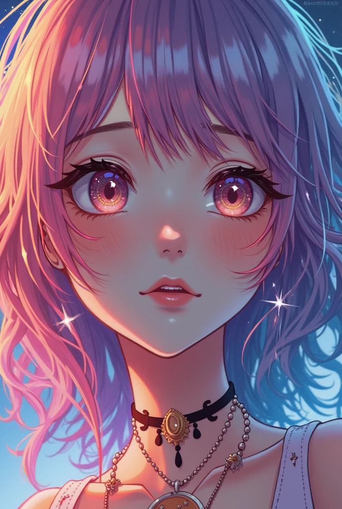Close-up of a woman with Colorful hair and necklace, Anime girl with cosmic hair, Rossdraws Soft Vitality ,  Gouviz style artwork , fantasy art style, Colorful], Vibrant fantasy style,  Rossworthy vibrant cartoon , cosmic and Colorful, Guwitz, Colorful digital fantasy art, stunning art style, beautiful anime style, shiny hair