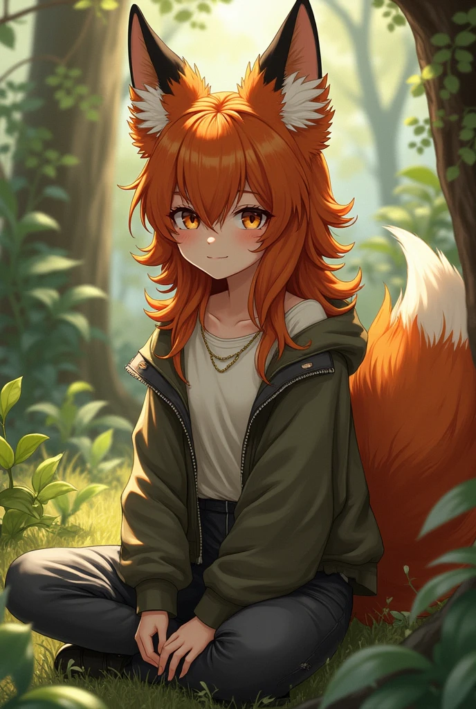 red fox, (monstergirl), long brown ears， dark brown inside , Brown fur,  brown neck fluff ,  brown fluffy tail ，Brown tips , big brown eyes, Wear civilian clothes, Sitting in the garden, masterpiece, 