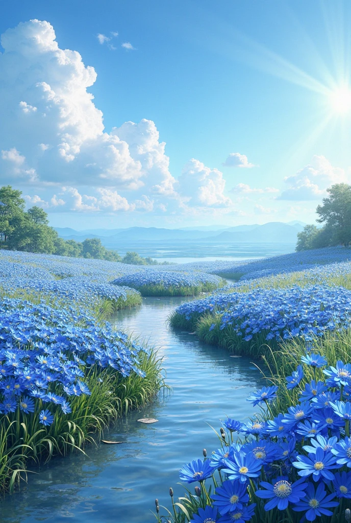 Creates a charming natural atmosphere,The carefully crafted blue pastoral scenery。The picture shows a large field of blooming cornflowers,Creates a peaceful natural atmosphere,Elegant layout。The flowers gather in the soft and warm sunlight,And a peaceful atmosphere。The colors are bright and eye-catching,Adds an ethereal feeling to the picture。There is a winding stream in the foreground,The clear sea reflects the beauty of the sky and flowers。there were a few white clouds floating in the sky,With just the right amount of green and,The overall color tone is mainly blue。这是一幅professional水准的数字绘画作品,细节丰富Realistic,Colorful and moving,It makes you feel like you are in this peaceful flower field。high high quality,4K,8 thousand,high resolution,masterpiece,Extreme Details,photorealestic,Realistic,HDR,Ultra HD,professional级灯光,The ultimate painting,High definition,Physically Based Rendering,Extreme Details呈现,professional,Color saturation,Depth of field blur