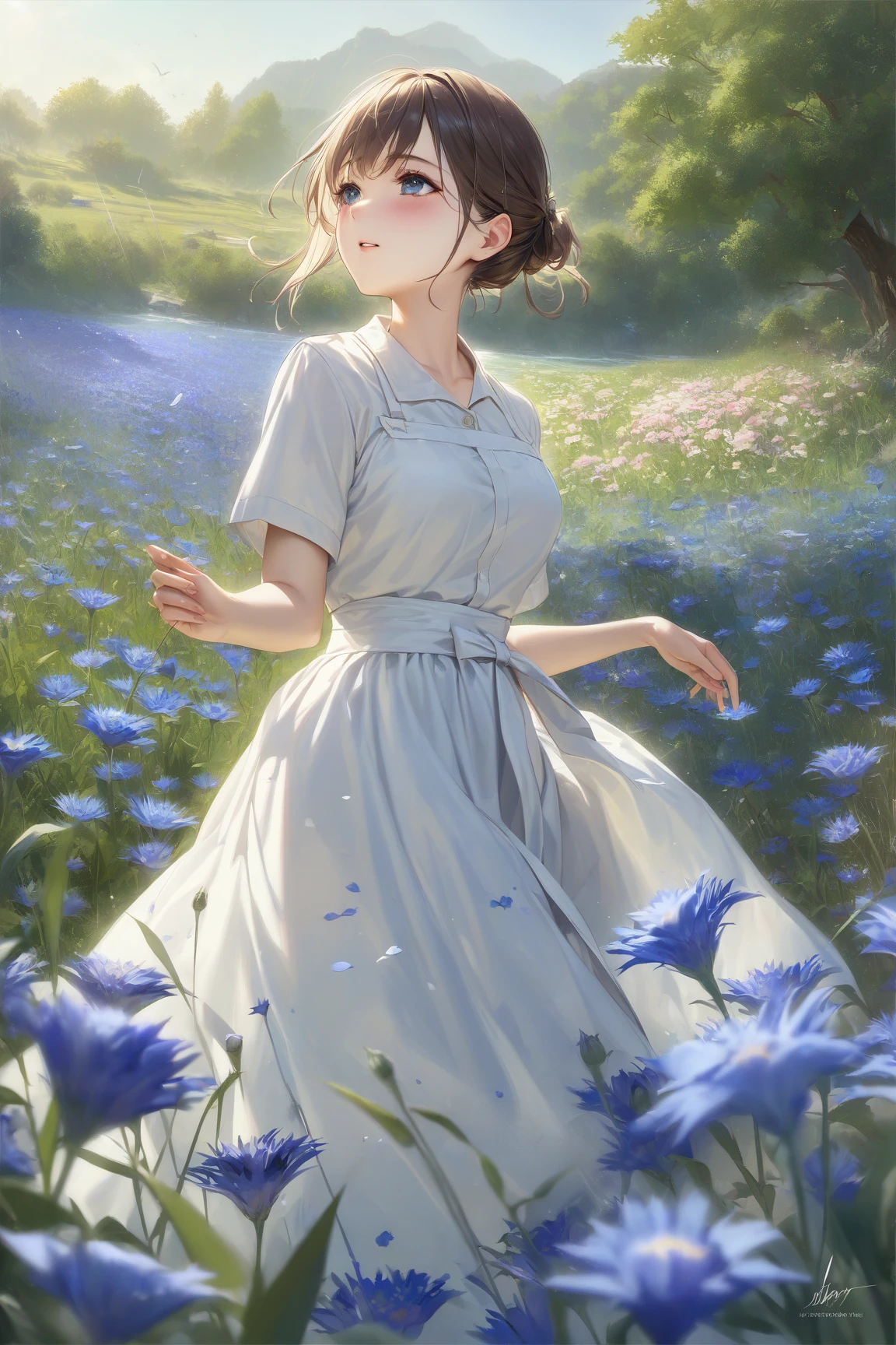 Creates a charming natural atmosphere,The carefully crafted blue pastoral scenery。The picture shows a large field of blooming cornflowers,Creates a peaceful natural atmosphere,Elegant layout。The flowers gather in the soft and warm sunlight,And a peaceful atmosphere。The colors are bright and eye-catching,Adds an ethereal feeling to the picture。There is a winding stream in the foreground,The clear sea reflects the beauty of the sky and flowers。there were a few white clouds floating in the sky,With just the right amount of green and,The overall color tone is mainly blue。这是一幅professional水准的数字绘画作品,细节丰富Realistic,Colorful and moving,It makes you feel like you are in this peaceful flower field。high high quality,4K,8 thousand,high resolution,masterpiece,Extreme Details,photorealestic,Realistic,HDR,Ultra HD,professional级灯光,The ultimate painting,High definition,Physically Based Rendering,Extreme Details呈现,professional,Color saturation,Depth of field blur