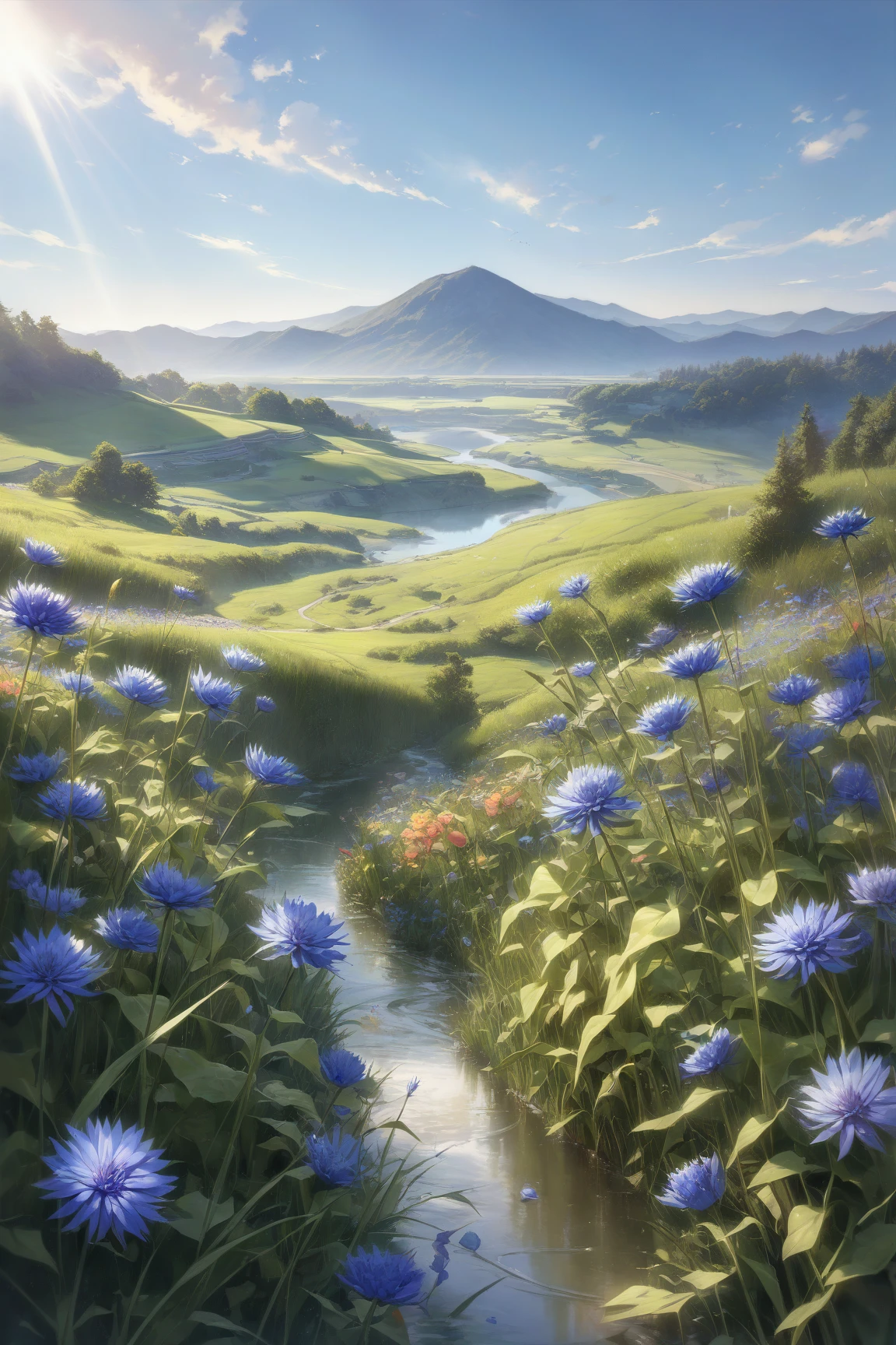 Creates a charming natural atmosphere,The carefully crafted blue pastoral scenery。The picture shows a large field of blooming cornflowers,Creates a peaceful natural atmosphere,Elegant layout。The flowers gather in the soft and warm sunlight,And a peaceful atmosphere。The colors are bright and eye-catching,Adds an ethereal feeling to the picture。There is a winding stream in the foreground,The clear sea reflects the beauty of the sky and flowers。there were a few white clouds floating in the sky,With just the right amount of green and,The overall color tone is mainly blue。这是一幅professional水准的数字绘画作品,细节丰富Realistic,Colorful and moving,It makes you feel like you are in this peaceful flower field。high high quality,4K,8 thousand,high resolution,masterpiece,Extreme Details,photorealestic,Realistic,HDR,Ultra HD,professional级灯光,The ultimate painting,High definition,Physically Based Rendering,Extreme Details呈现,professional,Color saturation,Depth of field blur