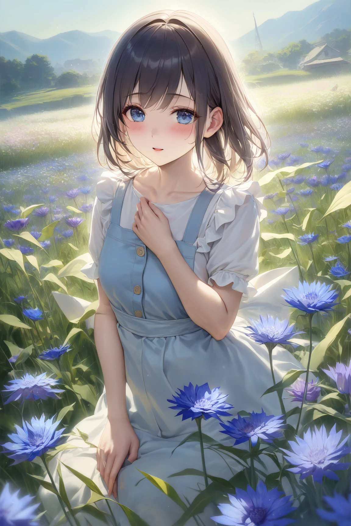 Creates a charming natural atmosphere,The carefully crafted blue pastoral scenery。The picture shows a large field of blooming cornflowers,Creates a peaceful natural atmosphere,Elegant layout。The flowers gather in the soft and warm sunlight,And a peaceful atmosphere。The colors are bright and eye-catching,Adds an ethereal feeling to the picture。There is a winding stream in the foreground,The clear sea reflects the beauty of the sky and flowers。there were a few white clouds floating in the sky,With just the right amount of green and,The overall color tone is mainly blue。这是一幅professional水准的数字绘画作品,细节丰富Realistic,Colorful and moving,It makes you feel like you are in this peaceful flower field。high high quality,4K,8 thousand,high resolution,masterpiece,Extreme Details,photorealestic,Realistic,HDR,Ultra HD,professional级灯光,The ultimate painting,High definition,Physically Based Rendering,Extreme Details呈现,professional,Color saturation,Depth of field blur