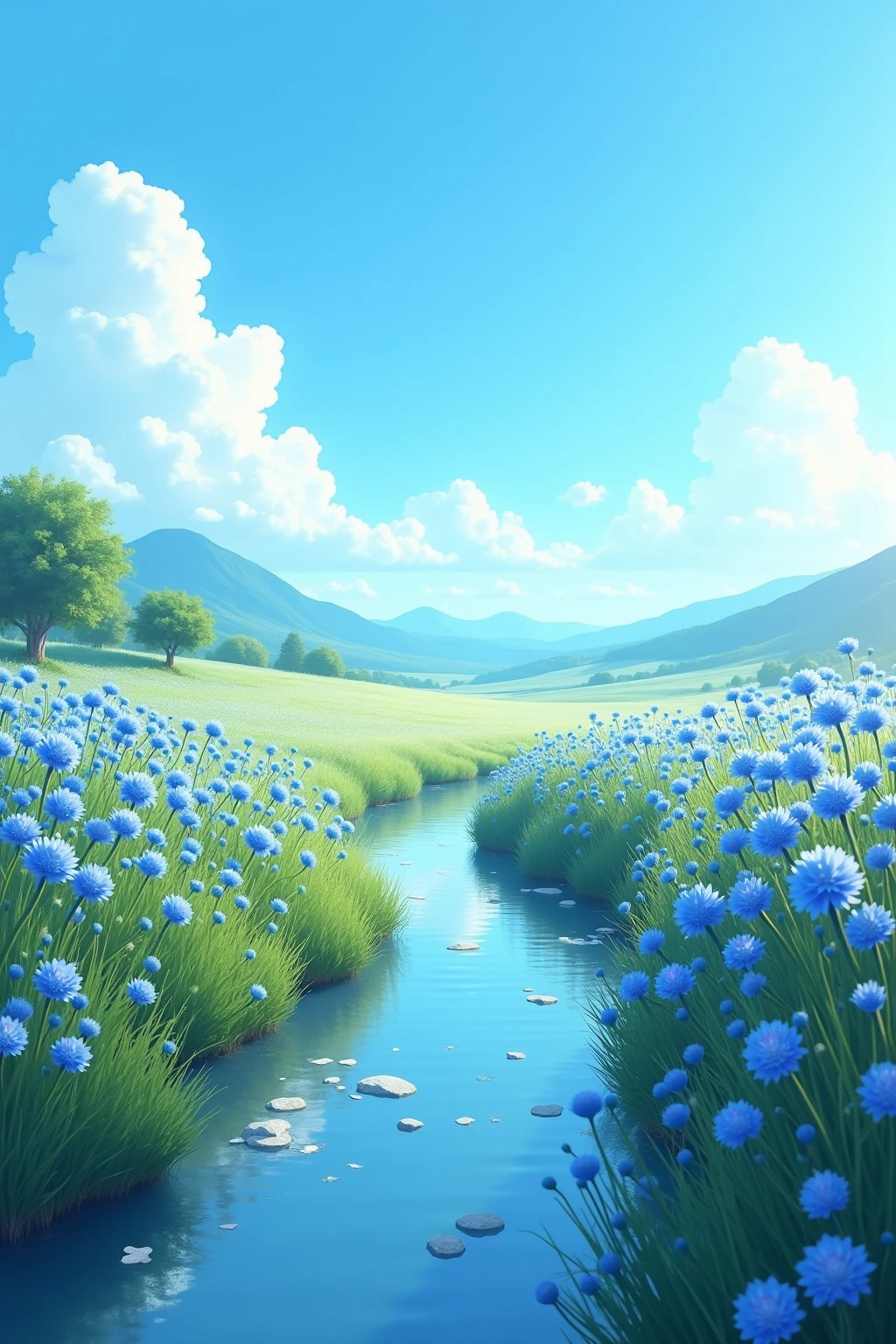 Creates a charming natural atmosphere,The carefully crafted blue pastoral scenery。The picture shows a large field of blooming cornflowers,Creates a peaceful natural atmosphere,Elegant layout。The flowers gather in the soft and warm sunlight,And a peaceful atmosphere。The colors are bright and eye-catching,Adds an ethereal feeling to the picture。There is a winding stream in the foreground,The clear sea reflects the beauty of the sky and flowers。there were a few white clouds floating in the sky,With just the right amount of green and,The overall color tone is mainly blue。这是一幅professional水准的数字绘画作品,细节丰富Realistic,Colorful and moving,It makes you feel like you are in this peaceful flower field。high high quality,4K,8 thousand,high resolution,masterpiece,Extreme Details,photorealestic,Realistic,HDR,Ultra HD,professional级灯光,The ultimate painting,High definition,Physically Based Rendering,Extreme Details呈现,professional,Color saturation,Depth of field blur