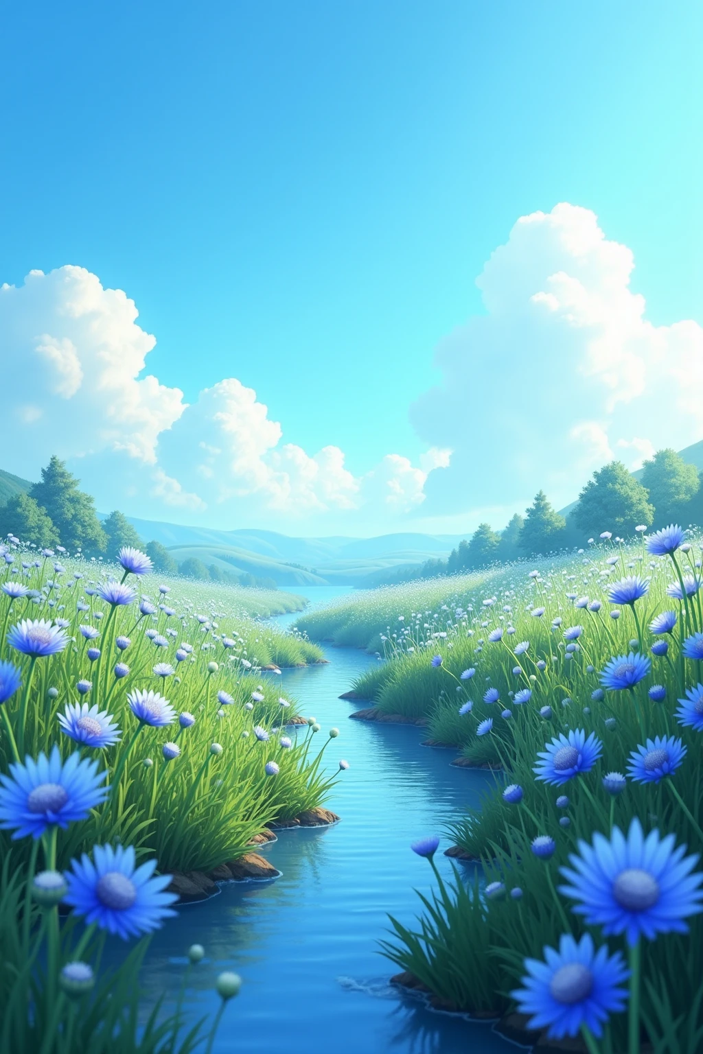 Creates a charming natural atmosphere,The carefully crafted blue pastoral scenery。The picture shows a large field of blooming cornflowers,Creates a peaceful natural atmosphere,Elegant layout。The flowers gather in the soft and warm sunlight,And a peaceful atmosphere。The colors are bright and eye-catching,Adds an ethereal feeling to the picture。There is a winding stream in the foreground,The clear sea reflects the beauty of the sky and flowers。there were a few white clouds floating in the sky,With just the right amount of green and,The overall color tone is mainly blue。这是一幅professional水准的数字绘画作品,细节丰富Realistic,Colorful and moving,It makes you feel like you are in this peaceful flower field。high high quality,4K,8 thousand,high resolution,masterpiece,Extreme Details,photorealestic,Realistic,HDR,Ultra HD,professional级灯光,The ultimate painting,High definition,Physically Based Rendering,Extreme Details呈现,professional,Color saturation,Depth of field blur