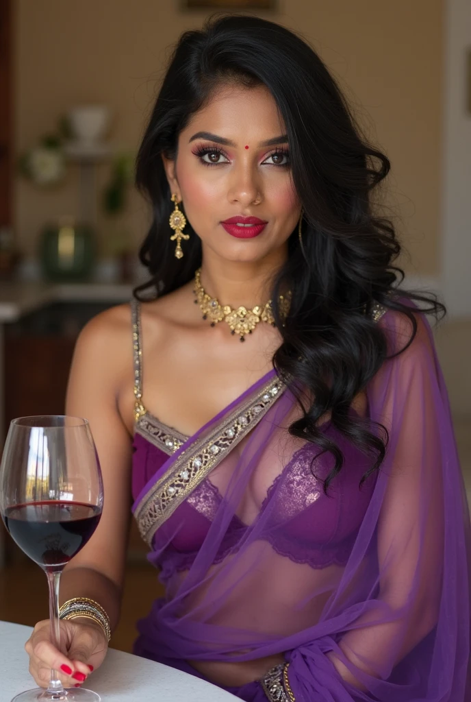 A photorealistic portrait of a 30-year-old Indian beauty adorned in traditional dupatta and jewelry, fully naked except for the dupatta and jewelry, highlighting her beautiful , nipples, and hairy pussy. Celebrating her wedding anniversary, she is savoring a wine bottle to viewer, radiating elegance and charm with her gorgeous features, big breasts, and perfect hairy pussy, all captured in stunning detail.(Whole body capture),big tits, Big breast, nipples.