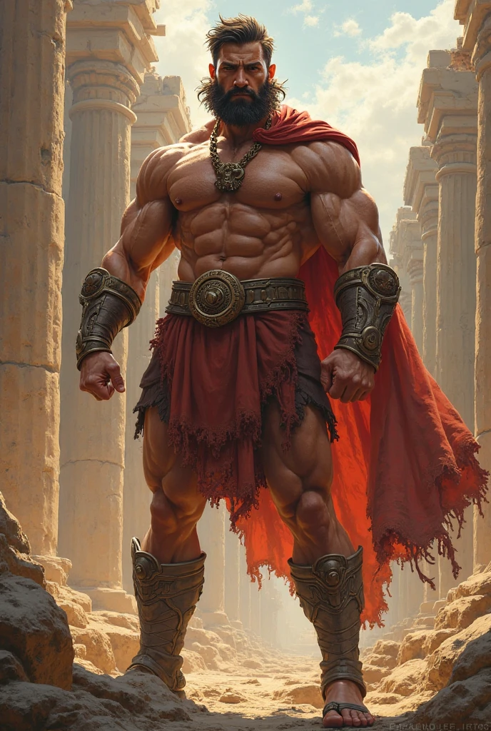 {Greek warrior}{gladiator}{ Closed clothes with only the chest shown} {huge scar on the chest}{アニメ}{scar on the right eye}{closed beard}