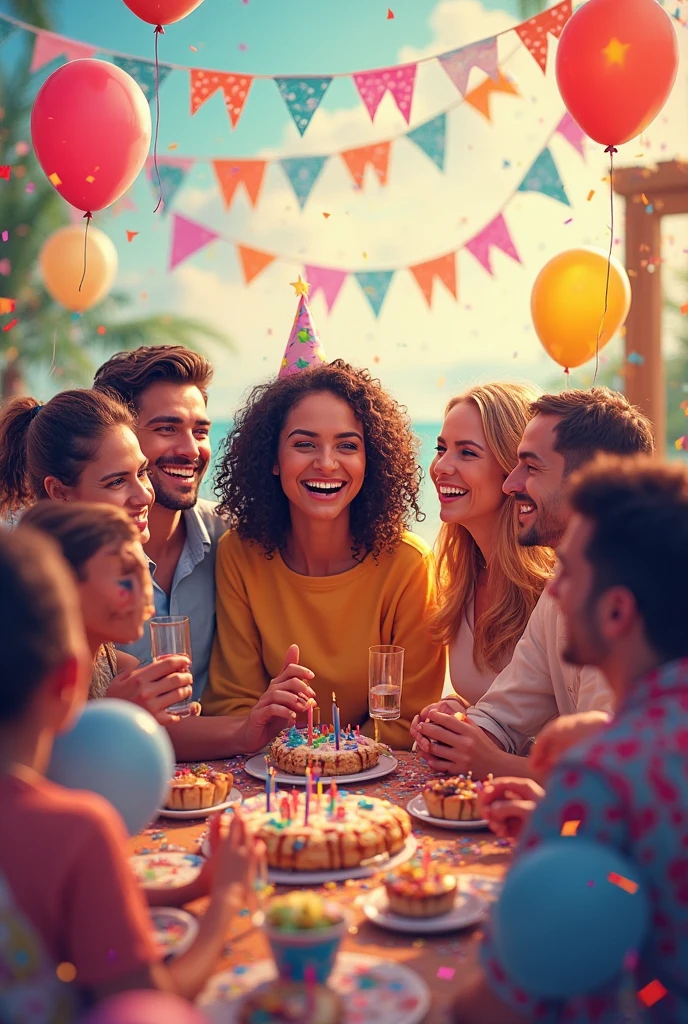a group of people around a festive table, laughing and exchanging gifts, birthday balloons and decorations create a joyful and welcoming atmosphere, detailed facial features, extremely detailed eyes and face, longeyelashes, beautiful detailed lips, (best quality,4k,8k,highres,masterpiece:1.2),ultra-detailed,(realistic,photorealistic,photo-realistic:1.37),cinematic,dramatic lighting,vibrant colors,photorealistic